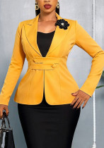 Women Turndown Collar Long-Sleeved Jacket with Floral Buttons Elegant Top Coat