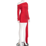 Women Autumn/Winter Solid Slash Shoulder Turndown Collar Long-Sleeved Ribbon Dresses