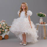 Girls' Birthday Formal Party Puff Sleeve Embroidered Train Cake Princess Dress