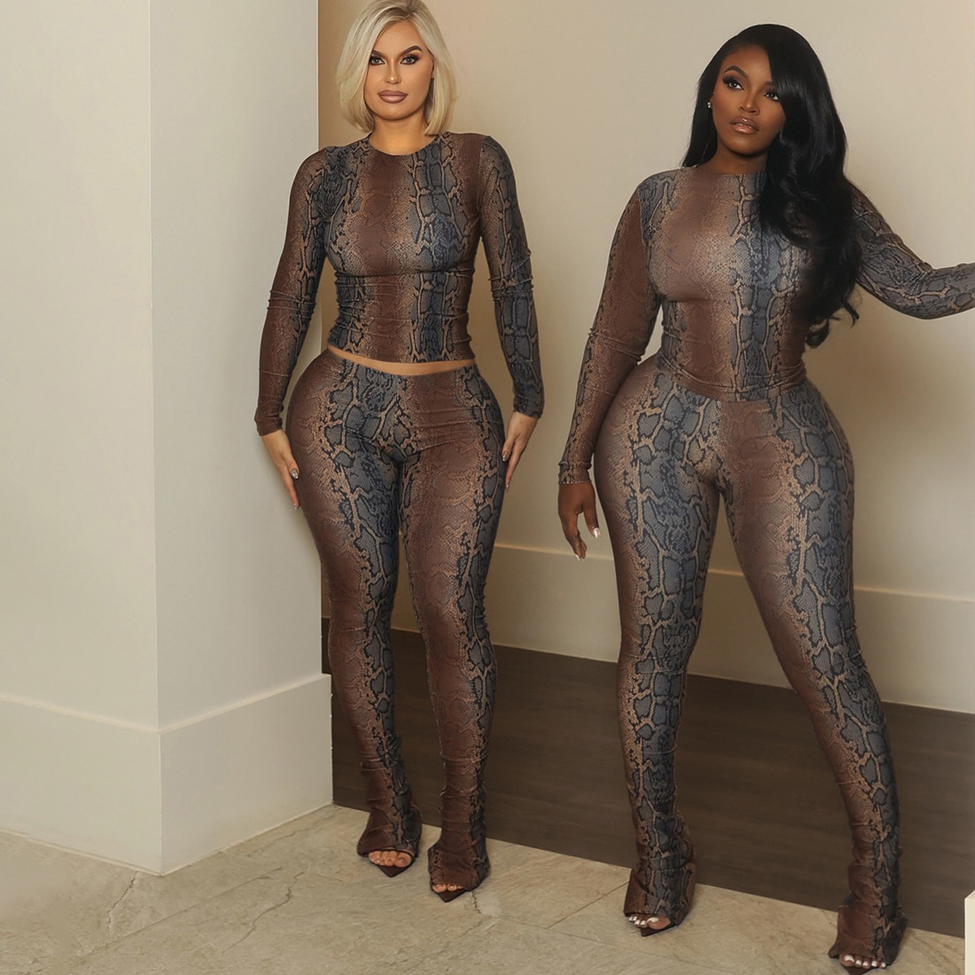 Women Autumn/Winter Long-Sleeved Top and Printed Pants Two-Piece Set