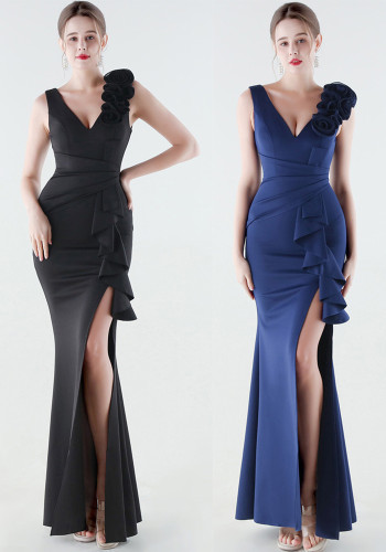 Women Floral One-Shoulder Ruffled Fishtail Evening Dress