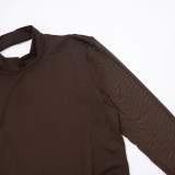 Women Elegant Sexy Backless Dress Long-Sleeve Ribbed Mesh Shawl Two-Piece Set