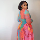 Women Patchwork Print Round Neck Long-Sleeved Dress