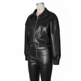 Women Turndown Collar Zipper Pullover Leather Jacket and Shorts Two-Piece Set
