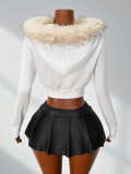 Women American Autumn/Winter Zipper Solid Fur Collar Hooded Crop Jacket