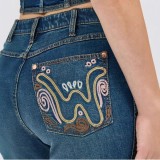Women American Embroidered Floral Washed Denim Bell Bottom Pants