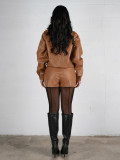 Women Turndown Collar Zipper Pullover Leather Jacket and Shorts Two-Piece Set