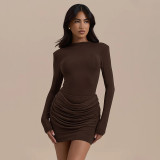 Women Solid Gathered Long-Sleeve Bodycon Dress