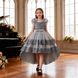 Girls' Sequin Birthday Formal Party Dress with Bow Sequin Suspender Train Princess Dress