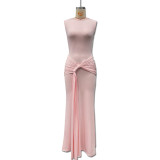 Women Round Neck Sexy Backless Sleeveless Ribbon Bodycon Dress