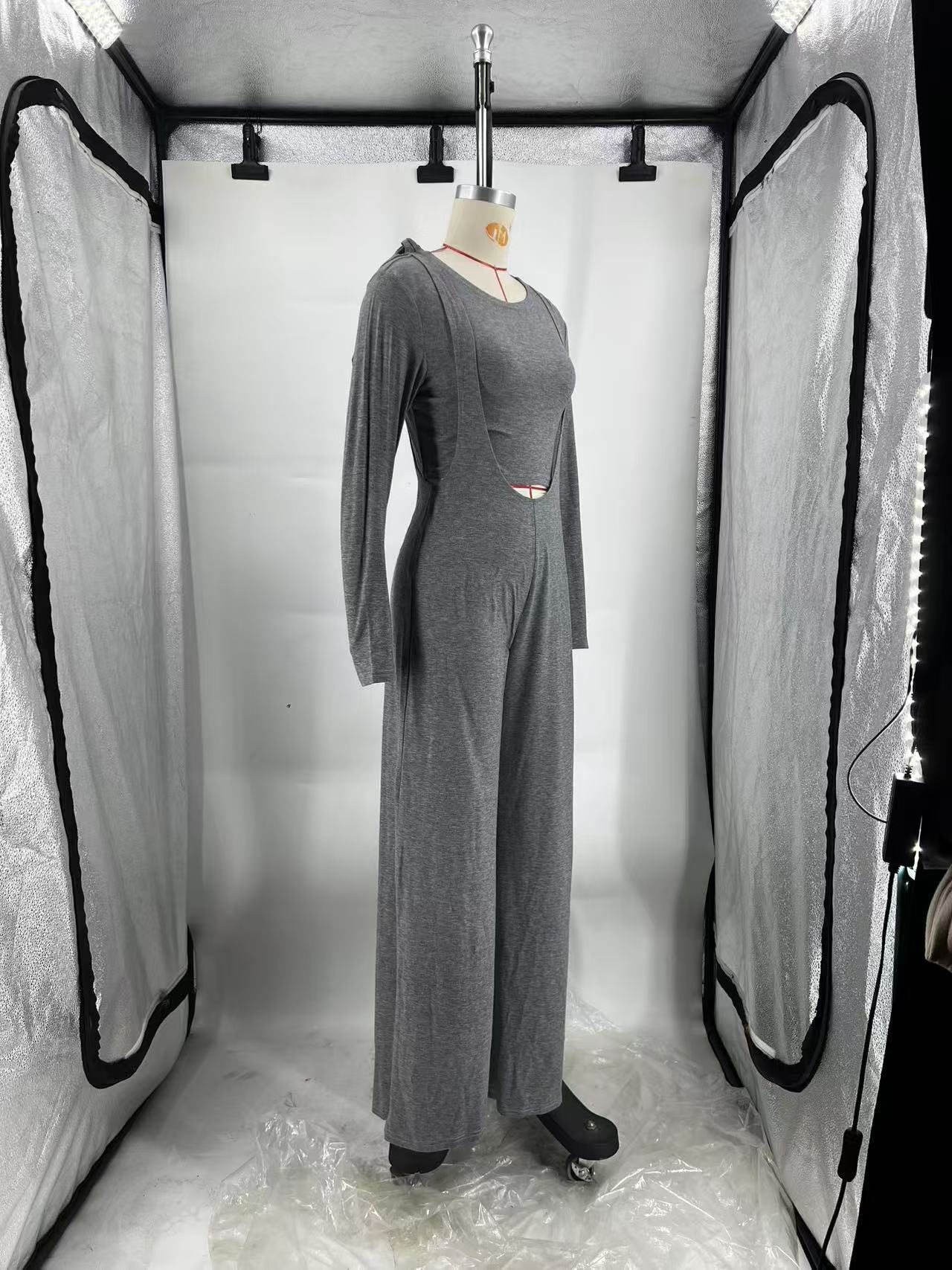 Women Autumn/Winter Solid Long-Sleeved T-Shirt and Wide-Leg Overalls Two-Piece Set