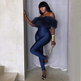 Women Autumn/Winter Off-Shoulder Furry Collar Patchwork Sleeveless Stretchy Cropped Jumpsuit