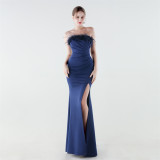Women Strapless Feather Fishtail Formal Party Evening Dress