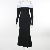 Women Autumn/Winter Color Block Off-Shoulder Long-Sleeve Fishtail Bodycon Dress