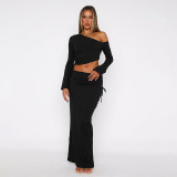 Women Autumn Long-Sleeve Solid One-Shoulder Crop Top and Skirt Two-Piece Set