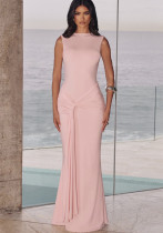 Women Round Neck Sexy Backless Sleeveless Ribbon Bodycon Dress