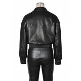 Women Turndown Collar Zipper Pullover Leather Jacket and Shorts Two-Piece Set