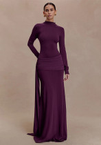 Women Autumn/Winter Solid High-Neck Long-Sleeve Ribbon Gathered Bodycon Skirt