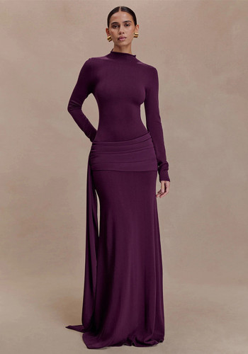 Women Autumn/Winter Solid High-Neck Long-Sleeve Ribbon Gathered Bodycon Skirt