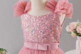 Girls' Sequin Birthday Formal Party Dress with Bow Sequin Suspender Train Princess Dress