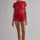 Women Sexy Lace See-Through Round Neck Short-Sleeve T-Shirt Top and Shorts Two-Piece Set