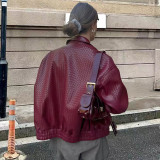 Women Autumn Burgunry Diamond Pattern Turndown Collar Pu-Leather Jacket