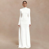 Women Autumn/Winter Solid High-Neck Long-Sleeve Ribbon Gathered Bodycon Skirt