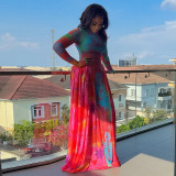 Women Patchwork Print Round Neck Long-Sleeved Dress