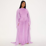 Women Elegant Sexy Backless Dress Long-Sleeve Ribbed Mesh Shawl Two-Piece Set