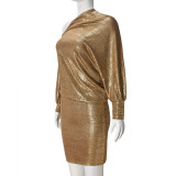Women Autumn Slash Shoulder Off-Shoulder Shiny Bodycon Dress