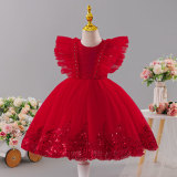 Girls' Red Summer Puffy Tulle Princess Dress