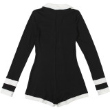 Women Autumn Color Block Turndown Collar Button-Down Long-Sleeved Jumpsuit