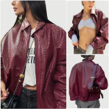 Women Autumn Burgunry Diamond Pattern Turndown Collar Pu-Leather Jacket