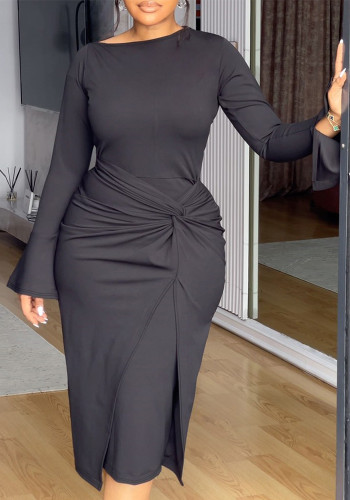 Plus Size Women Elegant Spring/Autumn Solid Knot Zipper Patchwork Dress