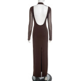 Women Elegant Sexy Backless Dress Long-Sleeve Ribbed Mesh Shawl Two-Piece Set