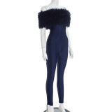 Women Autumn/Winter Off-Shoulder Furry Collar Patchwork Sleeveless Stretchy Cropped Jumpsuit