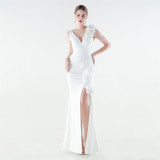 Women Beaded Floral One-Shoulder Ruffled Fishtail Evening Dress