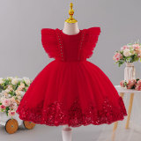 Girls' Red Summer Puffy Tulle Princess Dress