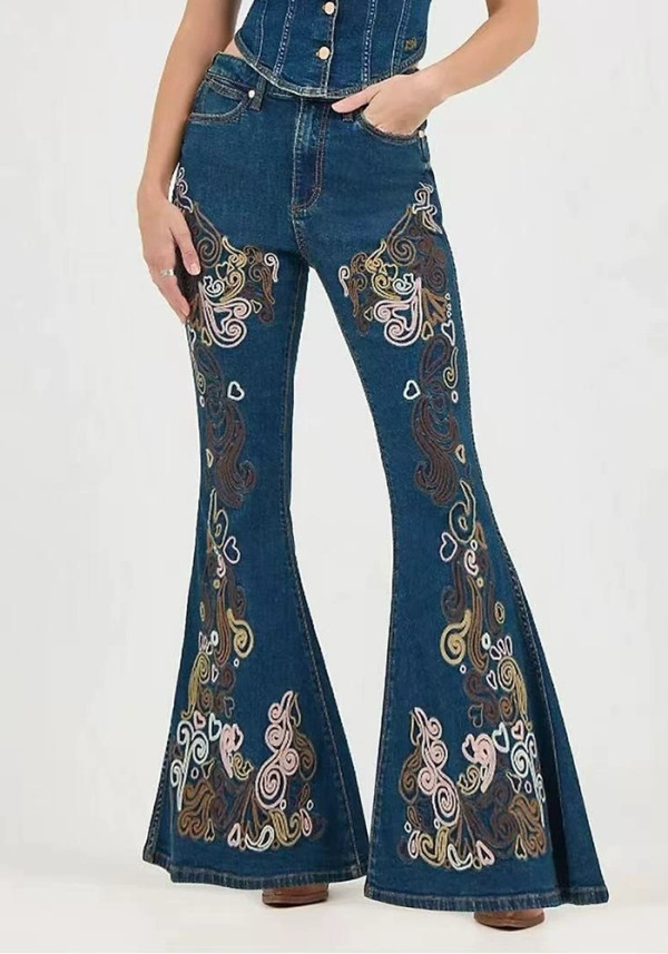 Women American Embroidered Floral Washed Denim Bell Bottom Pants