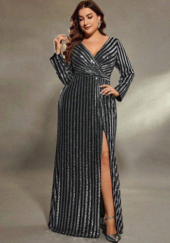 Plus Plus Size Women V-Neck Striped Sequined Prom Slit Evening Dress