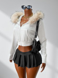 Women American Autumn/Winter Zipper Solid Fur Collar Hooded Crop Jacket