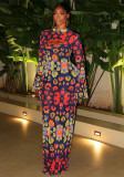 Women Printed Hollow-Out Round Neck Bell Bottom Sleeve Maxi Dress
