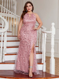 Plus Size Women Halter Neck Slit Sexy Dress
