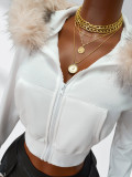 Women American Autumn/Winter Zipper Solid Fur Collar Hooded Crop Jacket