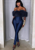 Women Autumn/Winter Off-Shoulder Furry Collar Patchwork Sleeveless Stretchy Cropped Jumpsuit