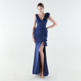 Women Floral One-Shoulder Ruffled Fishtail Evening Dress