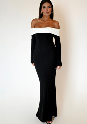 Women Autumn/Winter Color Block Off-Shoulder Long-Sleeve Fishtail Bodycon Dress