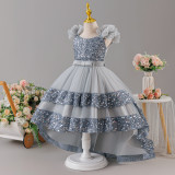 Girls' Sequin Birthday Formal Party Dress with Bow Sequin Suspender Train Princess Dress