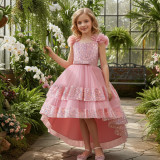 Girls' Sequin Birthday Formal Party Dress with Bow Sequin Suspender Train Princess Dress