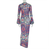 Women Printed Hollow-Out Round Neck Bell Bottom Sleeve Maxi Dress